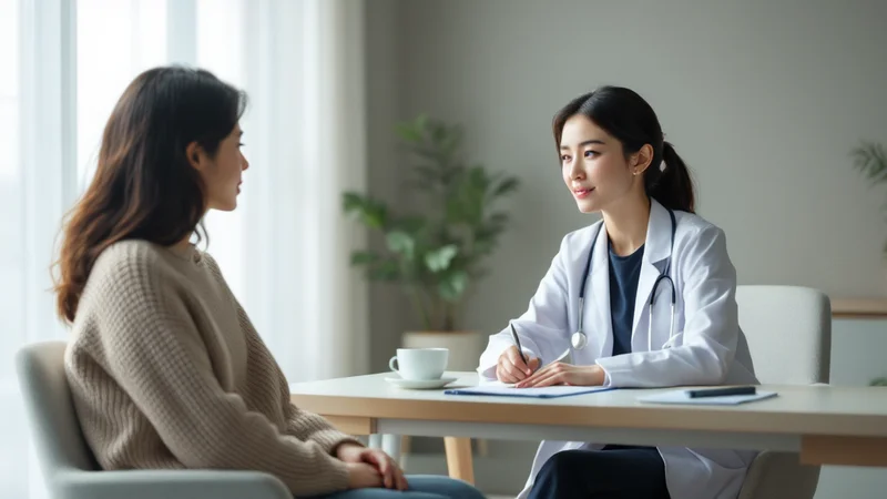 診察室で、私服姿の30代の日本人女性が医師に症状を説明し、白衣の女性医師がメモを取りながら話を聞いている様子