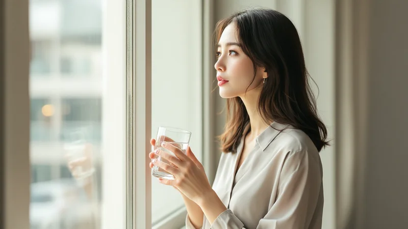オフィスの窓辺で、20代後半の日本人女性が冷たい水の入ったグラスを両手で持ち、外の明るい光を見て休憩している様子