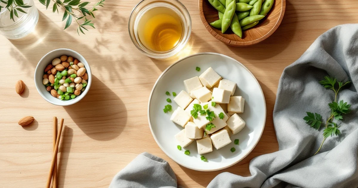 木目のダイニングテーブルに並ぶ豆腐・枝豆・アーモンド・ミックスナッツとハーブティー、ホルモンバランスを整える大豆食材中心の俯瞰ショット