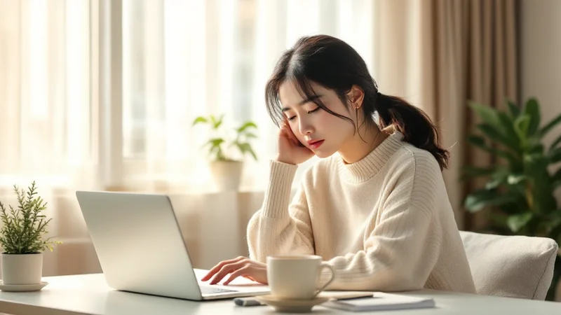 デスクで頬杖をついてため息をつく疲れた女性と、横に置かれたノートパソコン・コーヒーカップ・クッションのあるリビング、ストレスと睡眠不足のイメージ