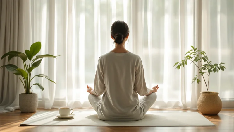 窓辺のベッドで後ろ姿でヨガの瞑想ポーズを取る日本人女性、朝の柔らかい光が差し込む穏やかなライフスタイル