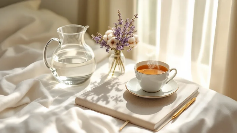 ガラスの水差しとハーブティー、ラベンダーの花束、本と万年筆が置かれた窓辺の静かなデスク、リラックス時間のイメージ