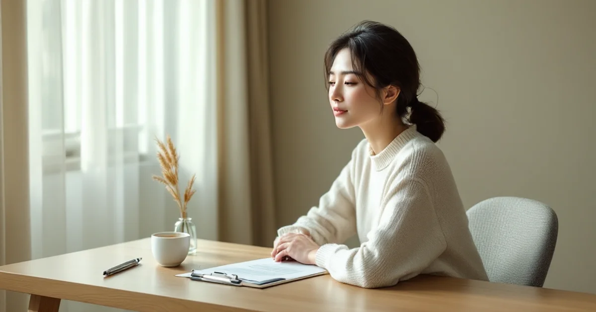 クリニックの採血室で穏やかに採血を受ける日本人女性、明るい自然光が差し込む清潔で安心感のある婦人科の診察室