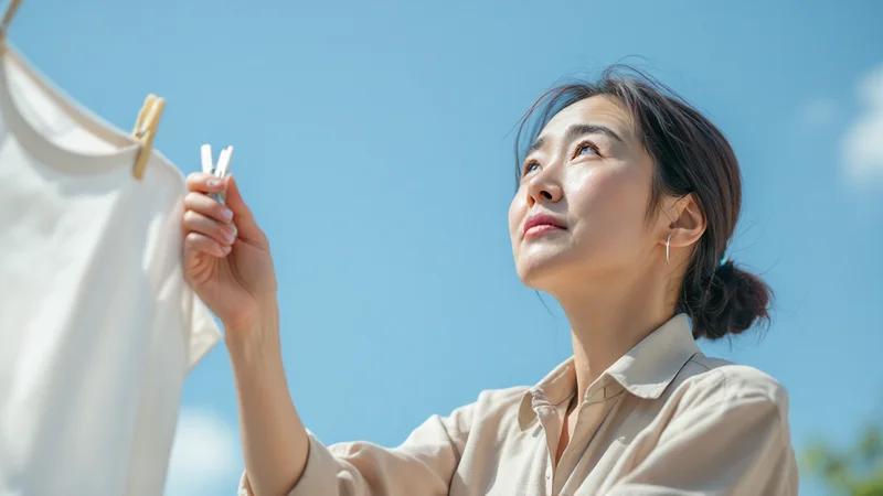 晴れた日のベランダで白い洗濯物を干す手を止め、青空を見上げて何かを目で追っている50代前後の日本人女性