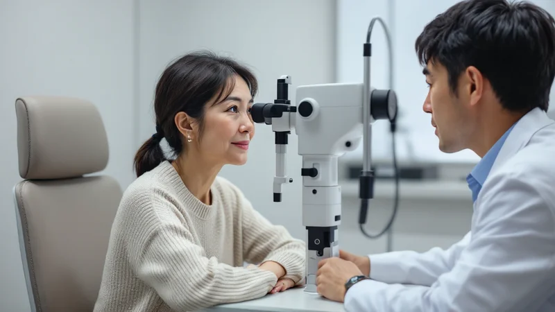 眼科の診察室で、機器のあごのせに顔を乗せて眼底検査を受けている50代前後の日本人女性と、機器の向こう側から診察する医師