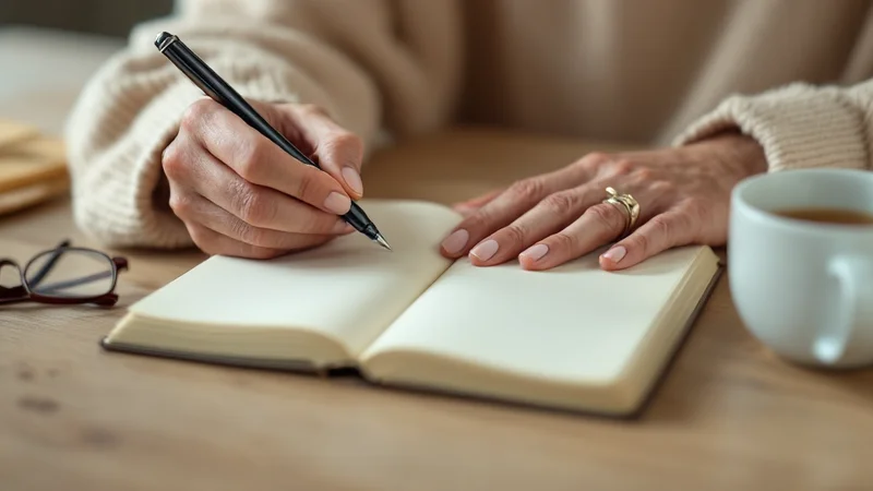 夕方のダイニングテーブルで、手帳に受診の記録を書き込んでいる50代前後の日本人女性の手元