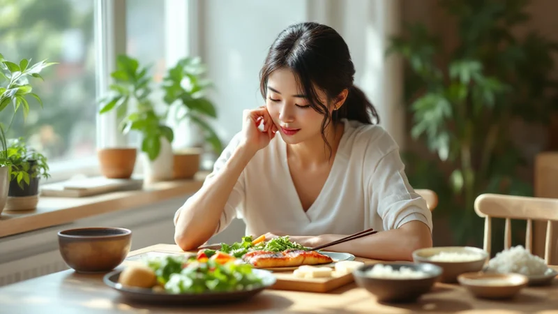 妊娠中の食事と栄養管理のイメージ。健康的な食材が並んだテーブルの写真