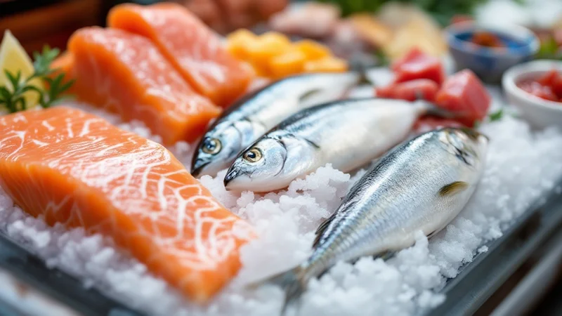 妊娠中に食べてよい魚とNGな魚のイメージ。新鮮な魚介類が並んだマーケットの写真