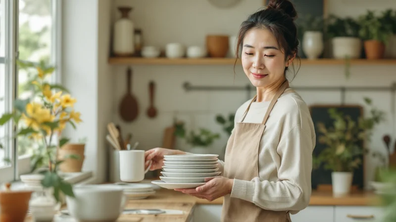 明るいキッチンで、よく使う食器を腰の高さの棚に移し替えている50代前後の日本人女性