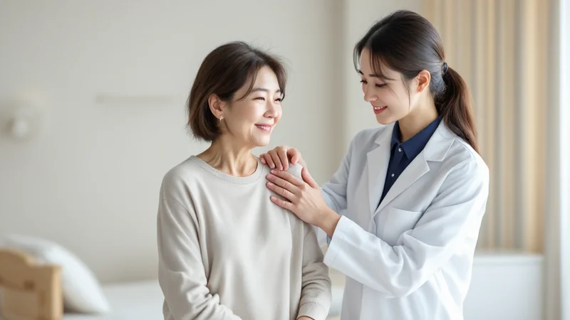 明るいリハビリ室で、白衣を着た女性の理学療法士が患者の肩に手を添えて動く範囲を確認している様子