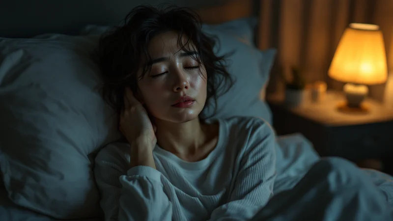 間接照明だけの薄暗い寝室で、夜中に肩の痛みで目を覚まし、肩のあたりに手を添えている50代前後の日本人女性