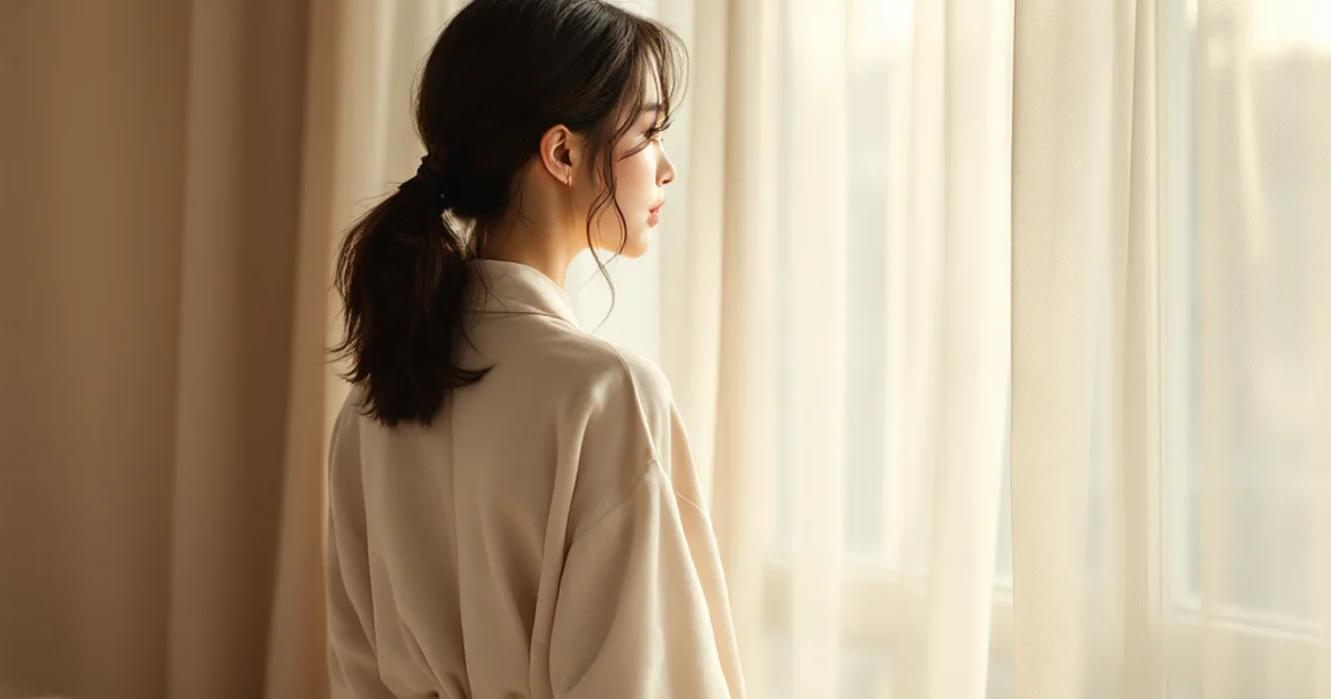 やわらかな自然光が差し込む静かな寝室で窓辺に佇む日本人女性の後ろ姿。デリケートな悩みに向き合うシーン