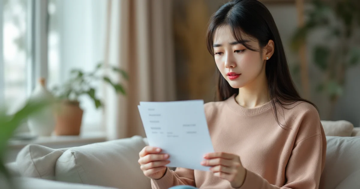 妊婦健診の検査結果票を手に、静かに考え込む30代前半の日本人女性