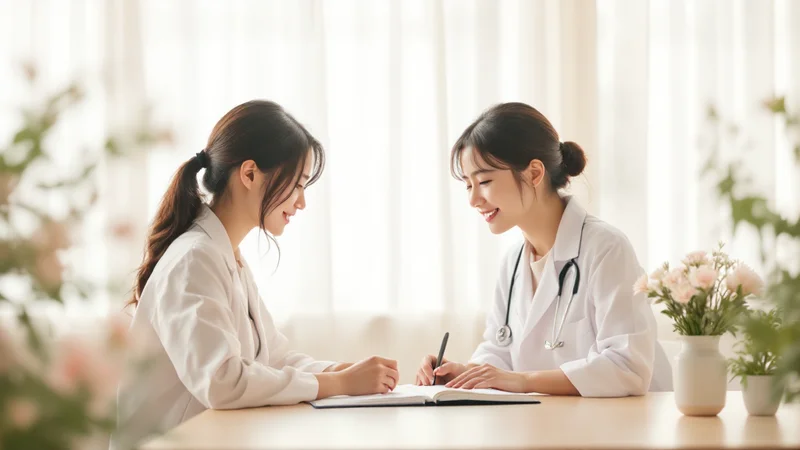 明るい相談室で白衣の医療スタッフとノートを見ながら話す30代前半の日本人女性