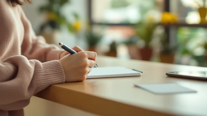 窓辺の机でノートにペンで書き込む女性の手元。淡いピンクのニットの袖が見えている