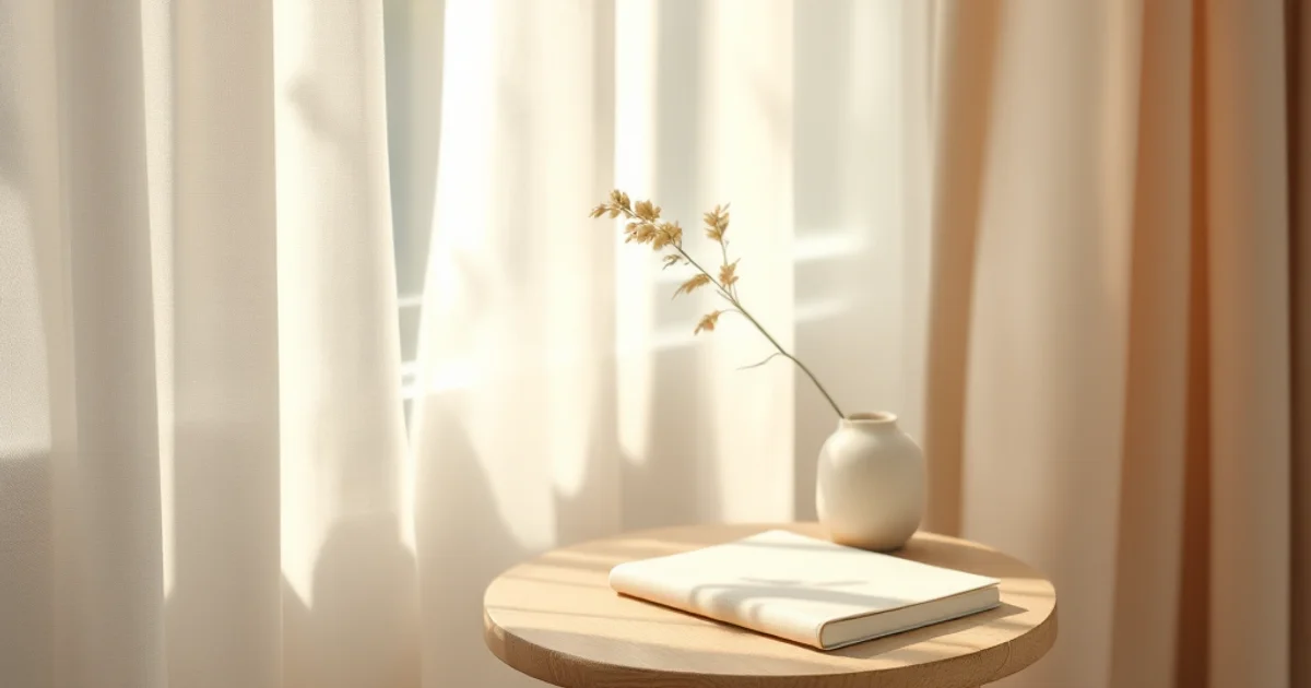 やわらかな朝の自然光が差し込む窓辺。木製の丸テーブルに白い陶器の小さな花瓶（ドライフラワー入り）とクリーム色のノートが並ぶ穏やかなインテリアシーン