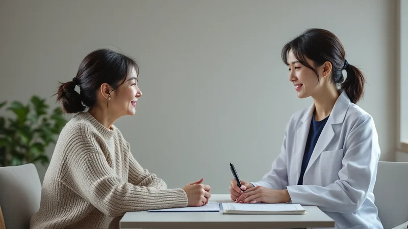 診察室で机をはさんで向かい合い、白衣の女性医師が話を聞き、私服の50代前後の女性が健診結果について相談している様子