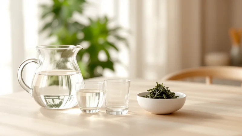 木のテーブルに置かれた水差しと水の入ったグラス2つ、緑茶の茶葉を入れた白い小鉢