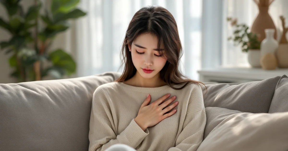 20代後半から30代の女性が明るいリビングのソファに座り、胸元に手を当てて動悸を感じながら目を伏せている様子