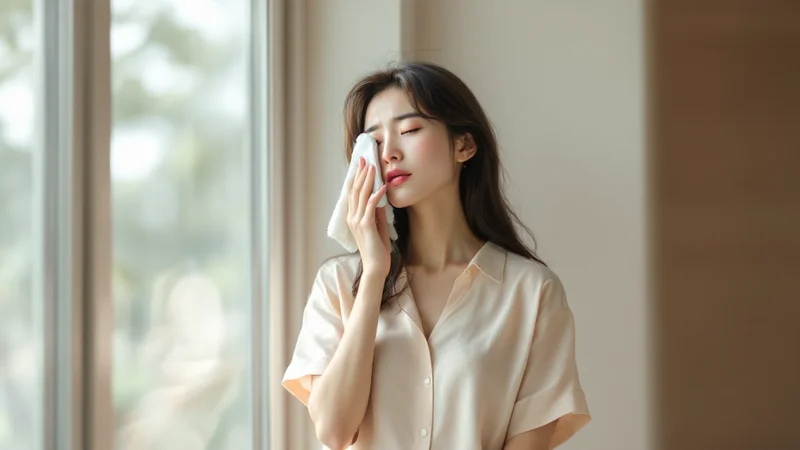 20代後半から30代の女性が明るい窓辺に立ち、白いタオルで額の汗をぬぐいながら暑そうにしている様子