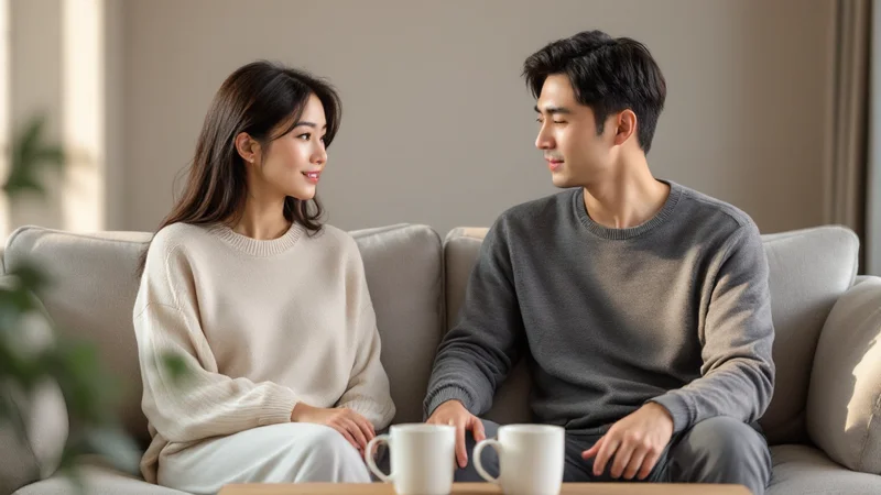 20代後半から30代の夫婦が自宅のソファに並んで座り、マグカップを前に穏やかに話し合っている様子
