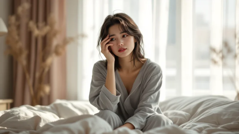 30代の女性が朝、ベッドの上で目元に指を当て、起き抜けのだるさとむくみを感じている様子