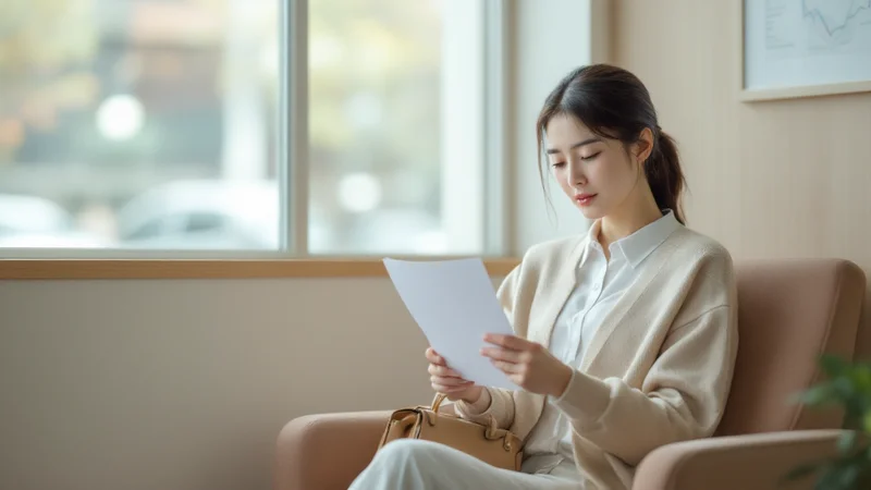 30代の女性がクリニックの待合スペースで、血液検査の結果が書かれた用紙を静かに見ている様子