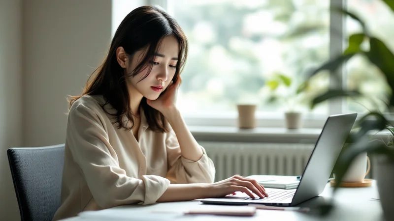明るい窓辺のデスクでノートパソコンに向かい、頬杖をついて長時間座って働く日本人女性