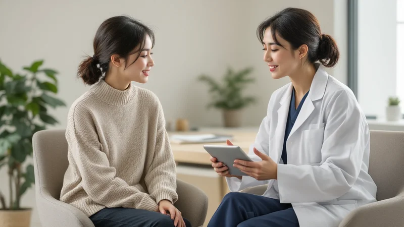 診察室で白衣の女性医師からタブレットを見せられながら説明を受けている日本人女性