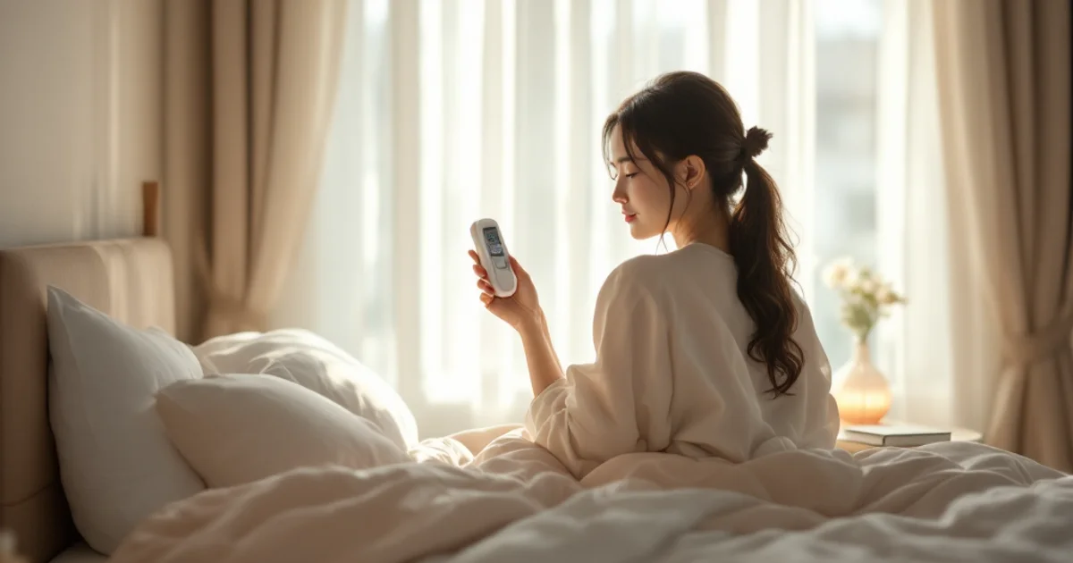 朝の明るいベッドルームで基礎体温を測りながら体温計を確認する日本人女性、白いリネンに柔らかな朝の光が差し込む穏やかな場面