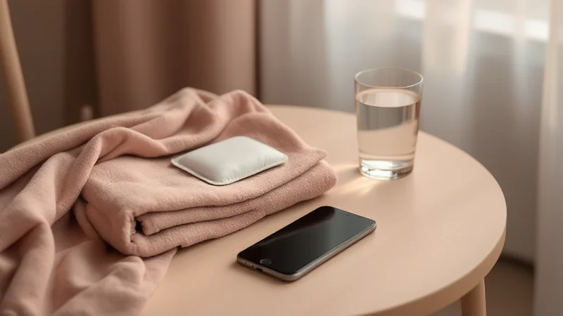 サイドテーブルに置かれたころもで包んだ保冷剤と水のグラス、スマートフォン