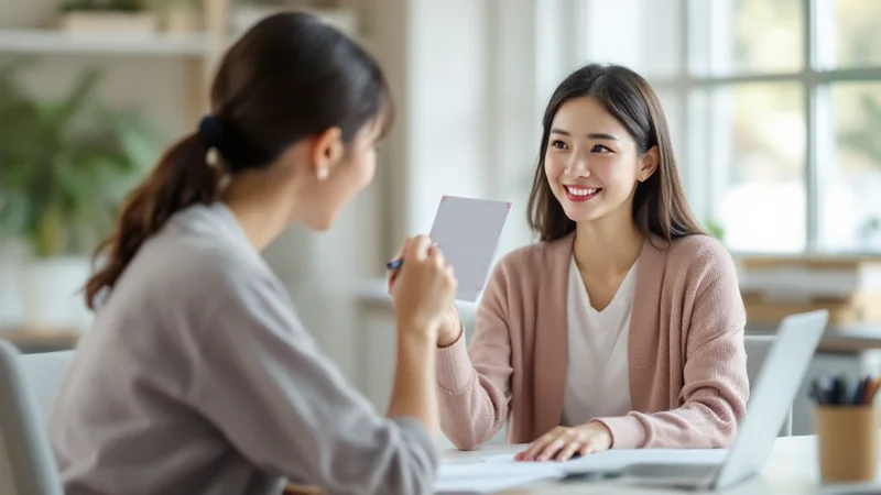 明るいオフィスで、同僚に小さなボードを見せて用件を伝えている30代の女性