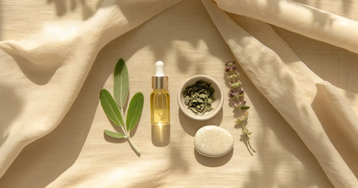 窓辺に置かれたハーブとガラス瓶。ホルモンバランスと自然なセルフケアをイメージした穏やかな静物写真