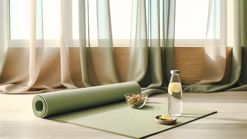 朝の光の中でストレッチをする女性。ヨガマットの上でゆったりと体を伸ばしている健やかなイメージ