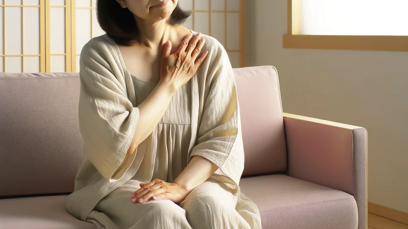 ソファに座りながら首元を手でおさえる日本人女性。ほてりを感じているイメージ