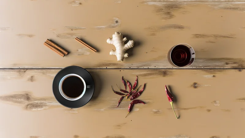 コーヒーカップとスパイスが並ぶテーブル。カフェイン・辛い食べ物などホットフラッシュの誘因イメージ