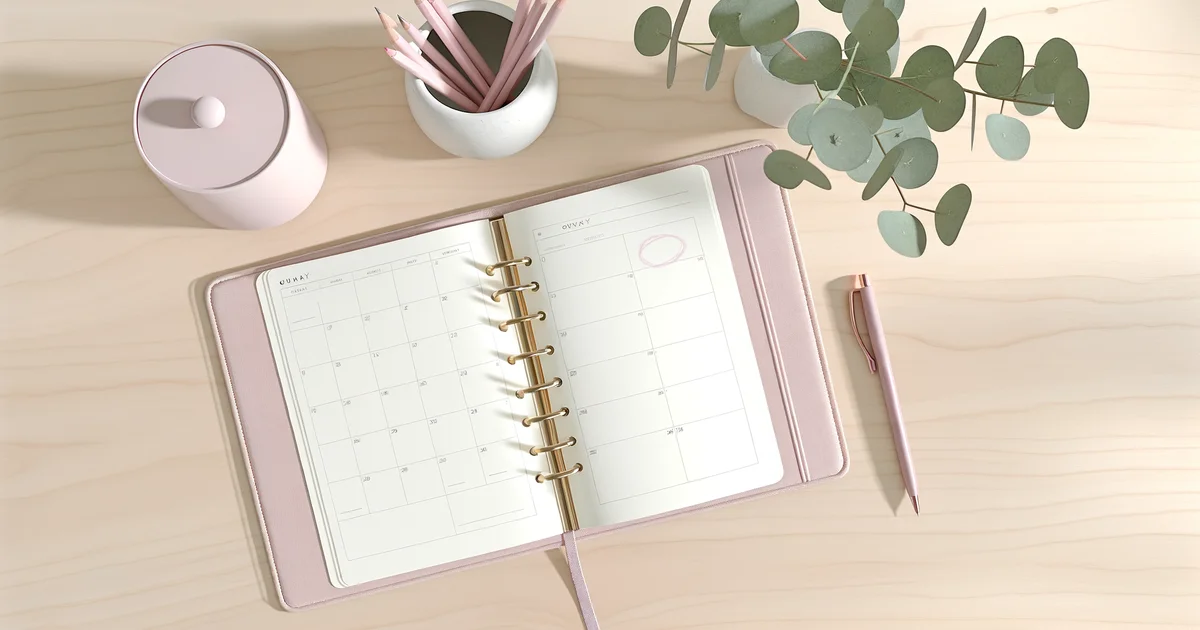 木製デスクに置かれたパステルピンクの手帳と丸印のついたカレンダー、ペン立て。妊娠週数の記録管理イメージ