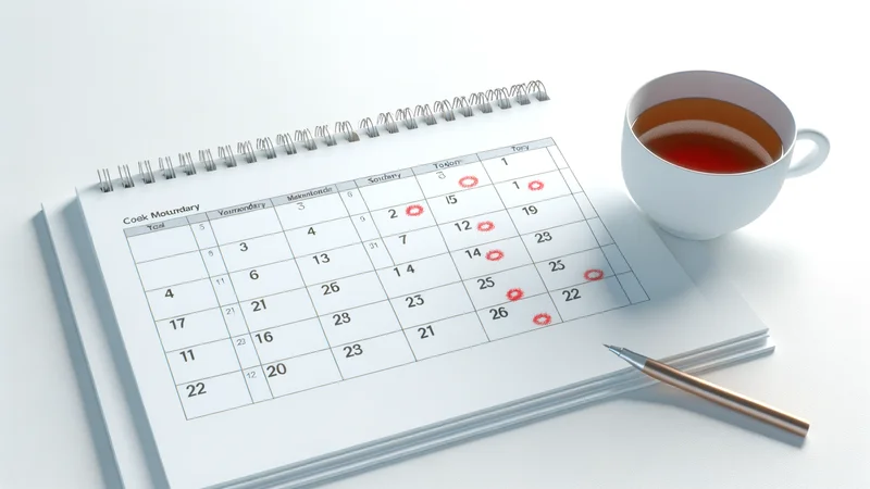 特定の日付に赤丸がつけられた白いカレンダーとお茶のカップ。妊娠週数を計算するカレンダー管理のイメージ