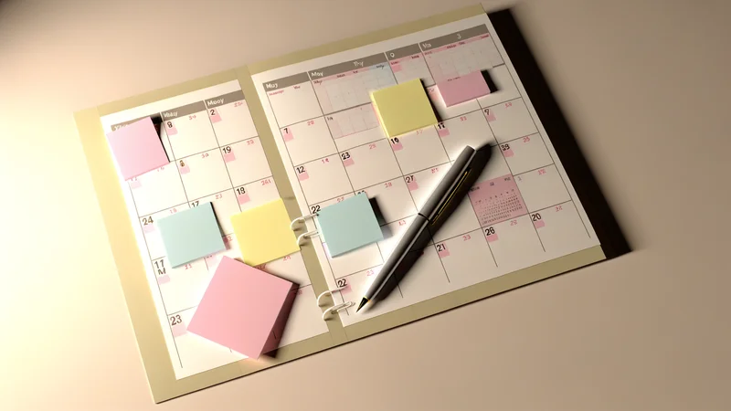 付箋とペンが添えられた数ヶ月分のカレンダー俯瞰写真。妊娠の月数と週数の対応管理イメージ