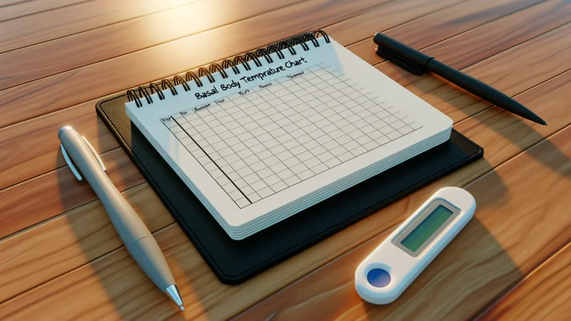 基礎体温記録ノートと体温計、ペンが並ぶ朝の木製デスク。生理不順時の妊娠週数把握イメージ
