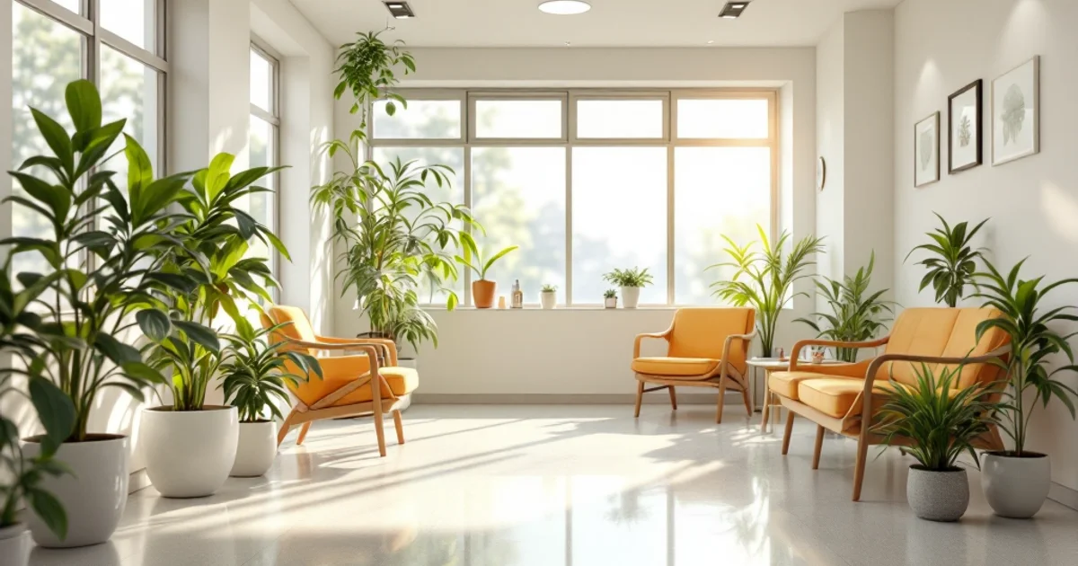 清潔感のある婦人科の待合室を連想させる、白を基調とした明るい空間に置かれた観葉植物と椅子