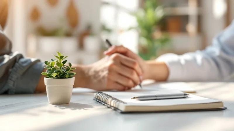 白いデスクの上に置かれた小さな観葉植物、ノートとペン、温かみのある診察室を連想させる小物