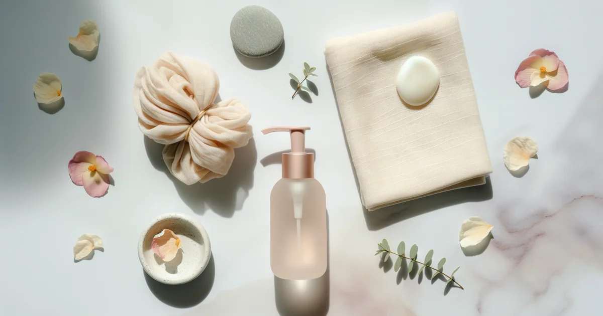 バスルームで清潔なタオルとボトルが並ぶ。デリケートゾーンケアのイメージ