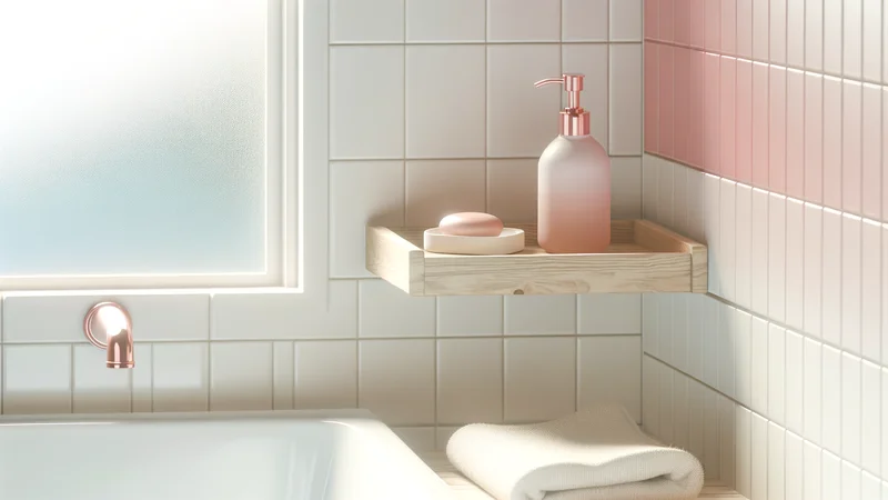 シャワーとバスアイテムが並ぶ清潔なバスルーム。デリケートゾーンの洗い方イメージ