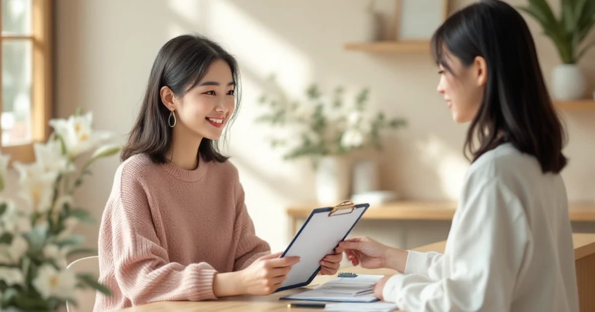 明るい診察室で問診票を受け取る日本人女性。HPVワクチン接種を検討するイメージ