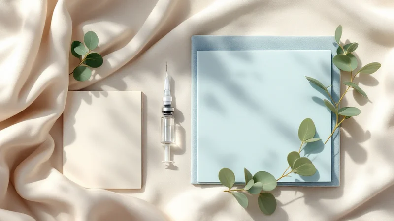 診察デスクの上に置かれたワクチンのバイアル・注射器・予診票・カレンダーの俯瞰。HPVワクチン接種準備のイメージ