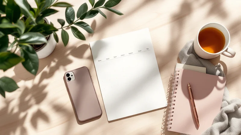 木製デスクに置かれたカレンダー・スマートフォン・マグカップ・メモ帳の俯瞰。接種スケジュールを管理するイメージ