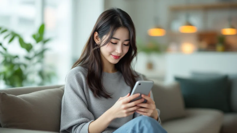 明るい待合室で、カレンダーアプリを確認しながら落ち着いた表情を浮かべる20代後半の日本人女性