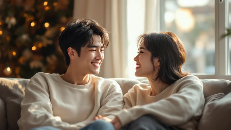 窓辺の柔らかな光の中、パートナーと並んでソファに座り穏やかに微笑み合う20代後半の日本人女性