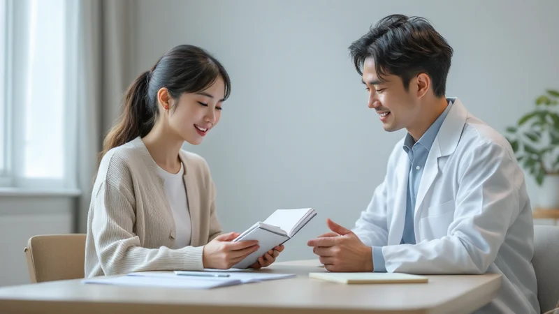 診察室の机で、白衣の医師に症状を書いたノートを見せながら相談している私服の女性